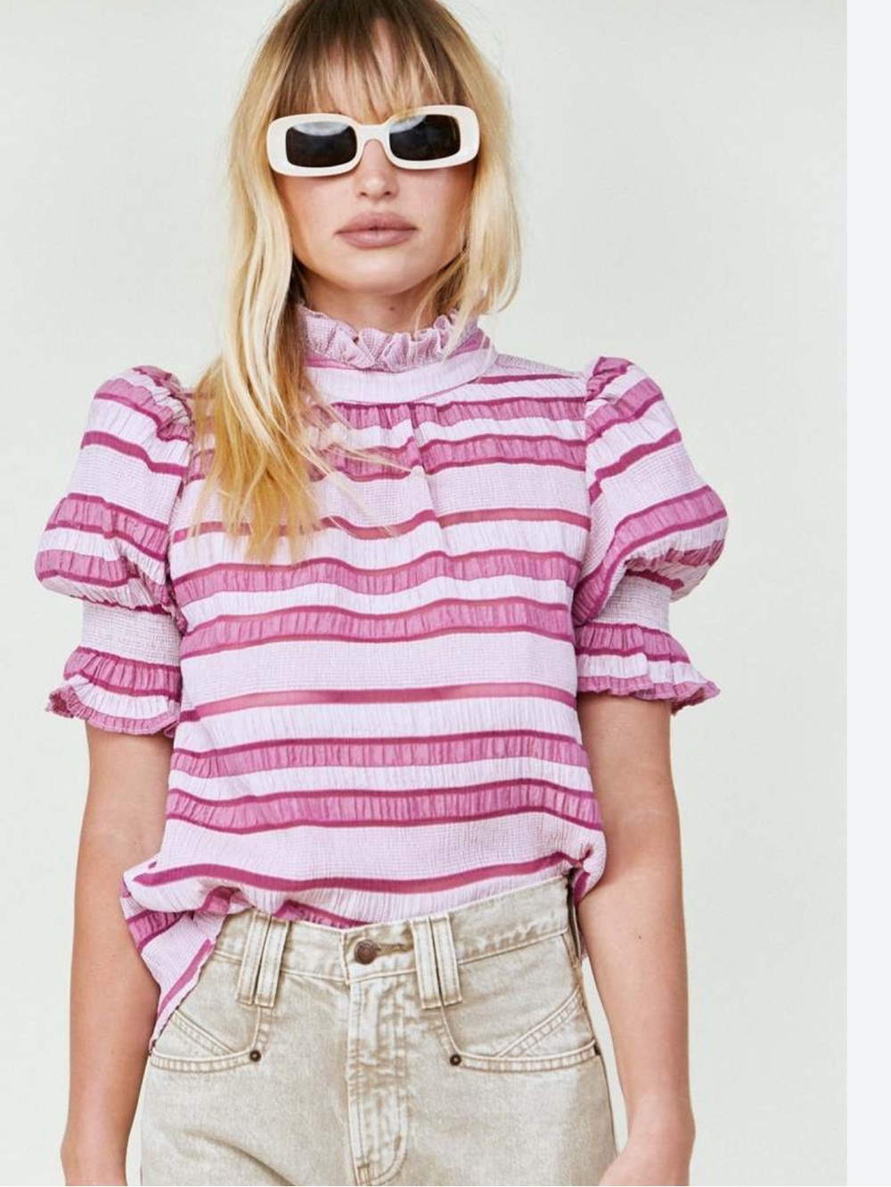 Hunter Bell Monroe Top Pink Stripe Ruffle Mock Neck Puff Sleeve Blouse Size M